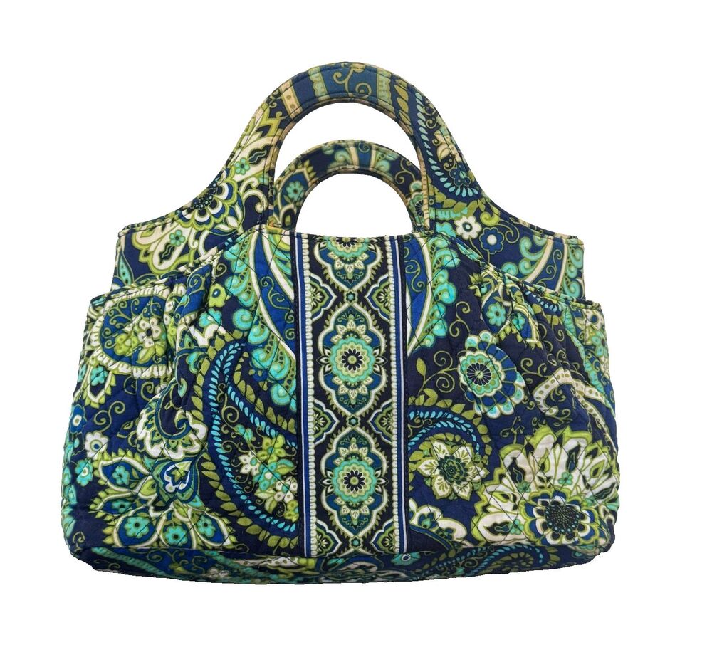 Vera Bradley Quilted Satchel Blue Green Paisley Handbag Tote Bright Clean EUC